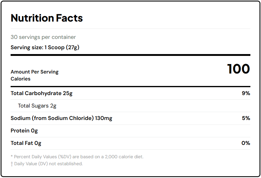 High Carb supplement facts label