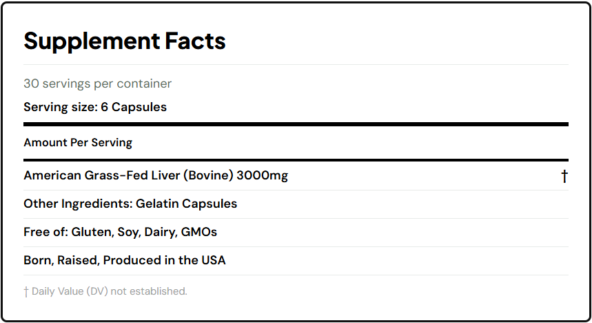 Grass-Finished Beef Liver supplement facts label